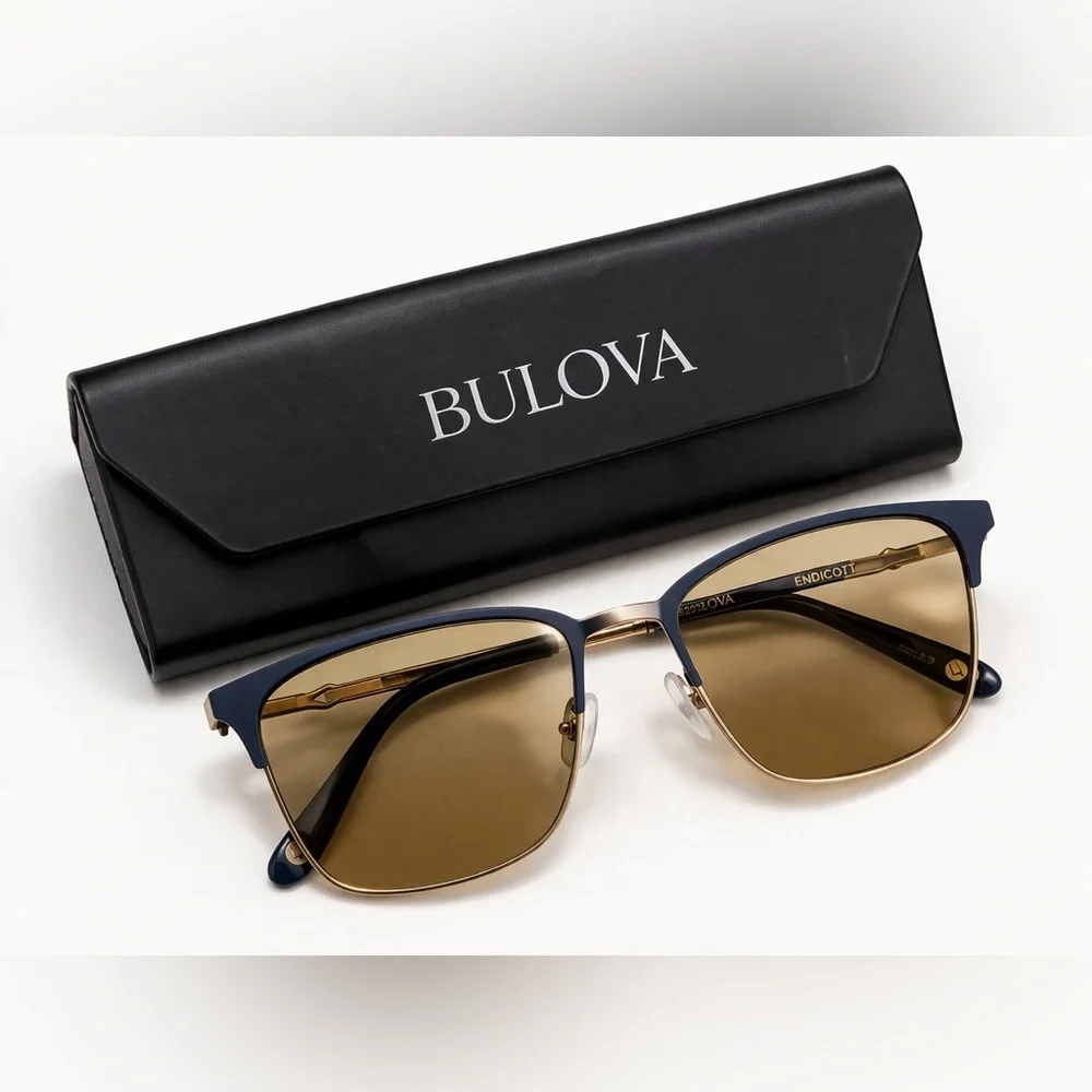 Bulova Endicott Sunglasses Navy Gold Amber Lens Browline w Case Rx lenses